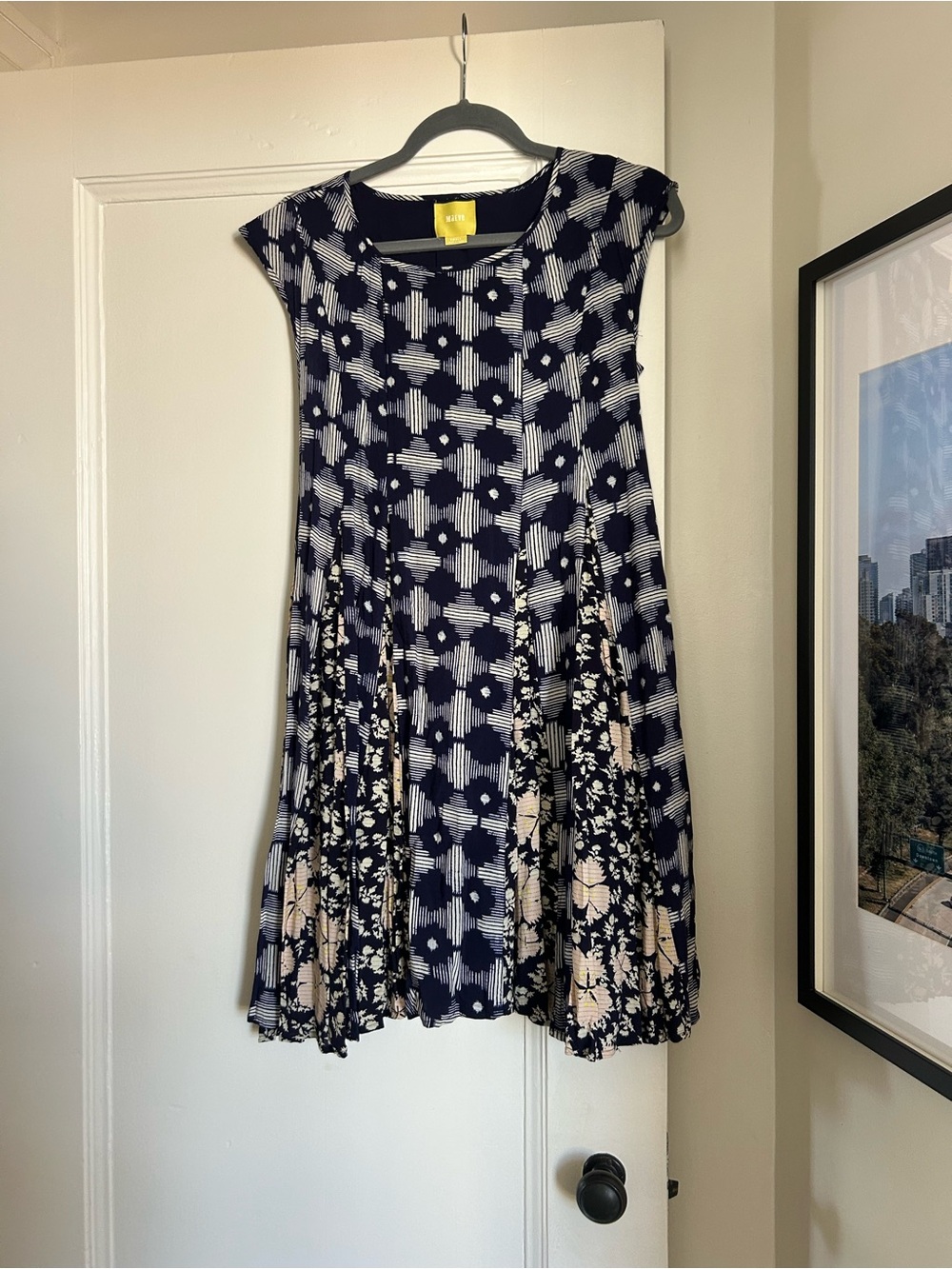 Anthropologie Maeve Indiga Swing Dress Navy Mixed Print Lace Up Back